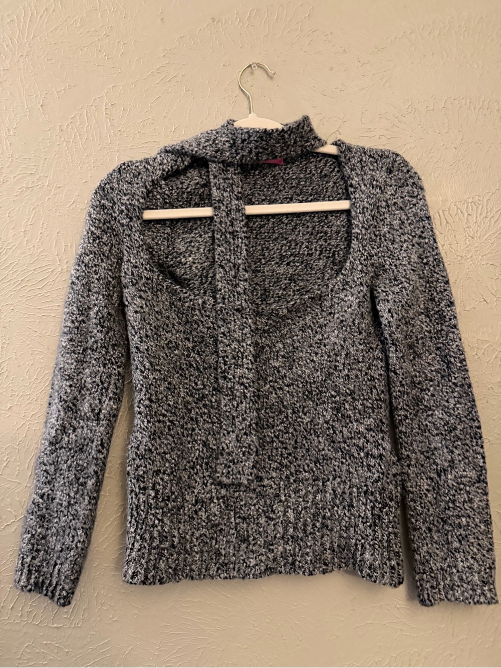 Women’s Marled Gray Knit Sweater with Scarf Detail